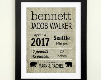 Woodland nursery birth stats print baby boy nursery wall decor personalized baby newborn gift forest animal nursery art rustic nursery decor