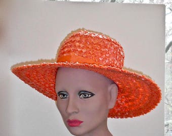 1950s Orange Straw Skimmer Hat - Boater Hat - Broad Brimmed Straw Hat