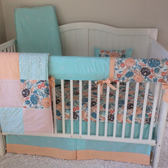 Baby Bedding Girl Crib Set Peach Coral Teal Mint Blue Floral