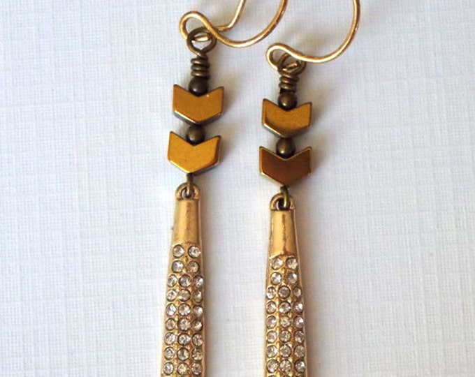 Chevron Earrings Boho Gold Pave Earrings Gold Rhinestone Drop Earrings Gold Dangle Brass Woodland Pave Gift Crystal Sparkle Simple Earrings