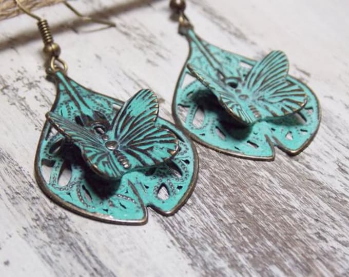 Butterfly Earrings Patina Blue Earrings Minimalist Jewelry