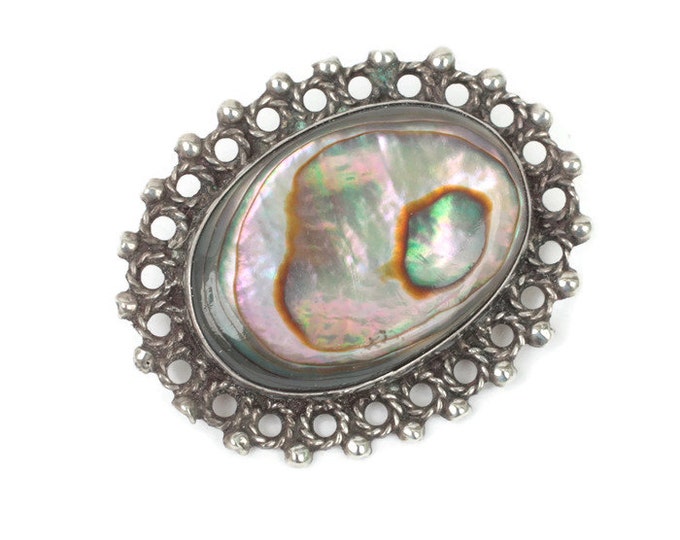 Abalone Shell and Sterling Pin Oval Fancy Setting Vintage