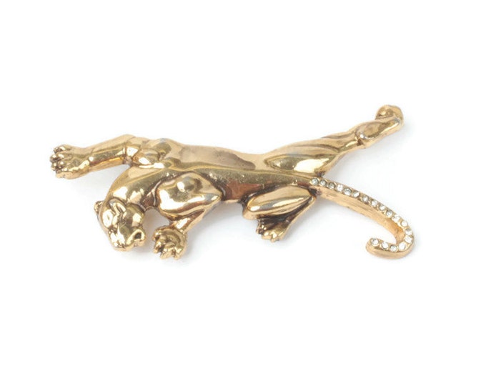 Panther Brooch Rhinestone Tail Gold Tone Vintage Figural Big Cat