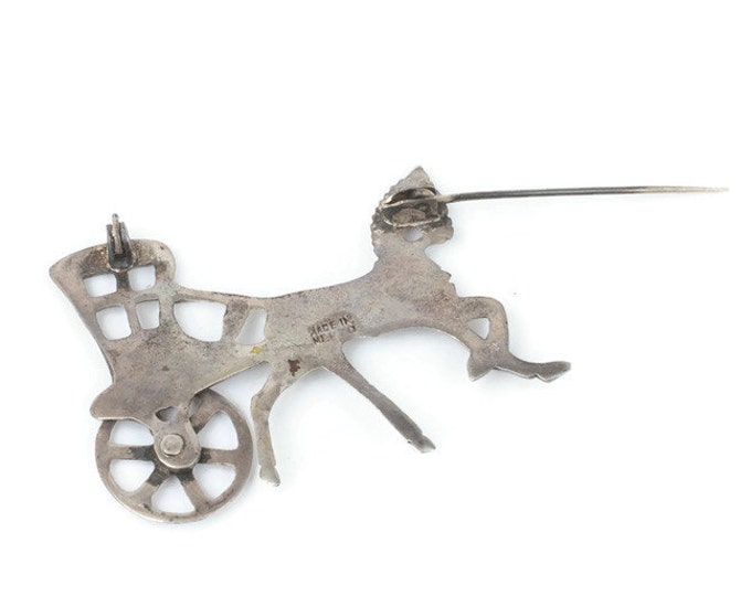 Horse and Buggy Brooch Movable Wheel Mexican Silver Vintage