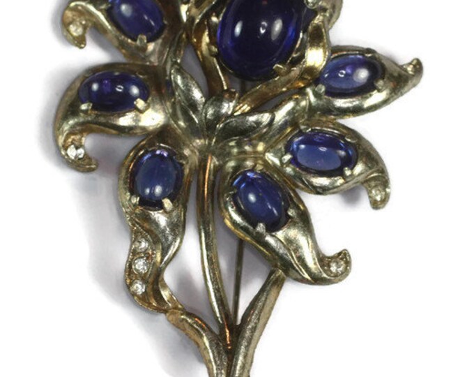 Large Flower Brooch Blue Cabochons Clear Rhinestones Pot Metal Vintage