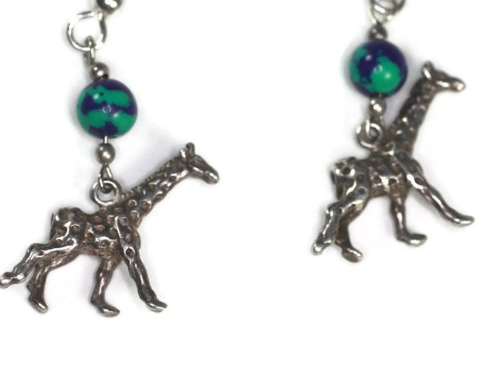 Giraffe Dangle Earrings Green Blue Beads Sterling Azurite Malachite Vintage