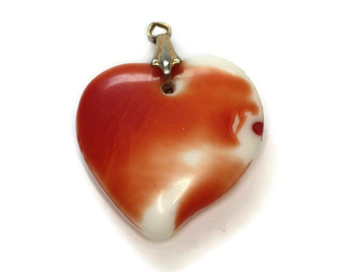 Red Floral Heart Pendant Necklace Vintage Porcelain Transfer Heart 18 Inch Chain