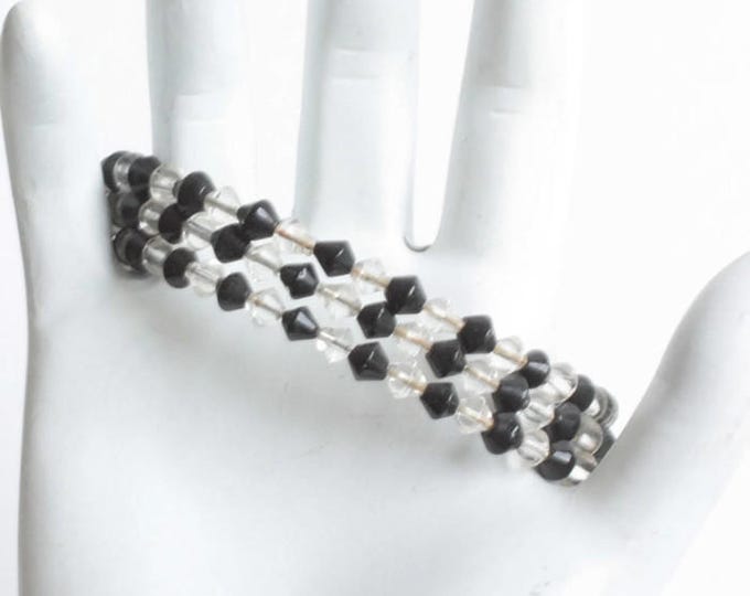 Black and Clear Crystal Memory Wire Coiled Bracelet Vintage