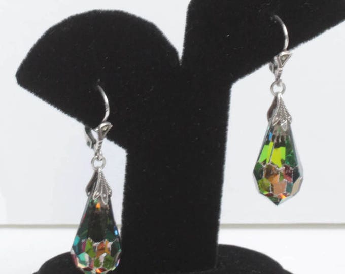 AB Crystal Dangle Earrings Leverback Pierced Ears Vintage