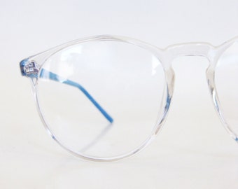 1980s Round Clear Eyeglasses Transparent Crystal Blue Cerulean Sea 80s Eighties P3 Eyeglass Frames Indie Hipster Chic Eighties Deadstock NOS