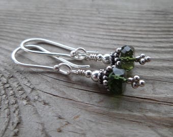 Rare Genuine Faceted Gem Quality Moldavite Gemstone Sterling Silver Dangle Earrings