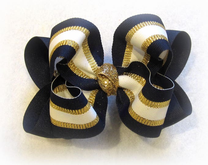 nautical Hair Bow, Navy Blue Bow, Preppy bow, boutique hairbow, Gold Bow, Glitter hairbow, Gold glitter bows, girls big bows, m2mg, m2m bows