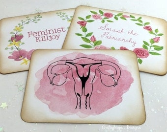 Feminist Postcard SET of 6 with Envelopes/ Feminist Stationery Gift Idea/ Smash the Patriarchy/ Uterus Art Card/ Girl Power Writing Set