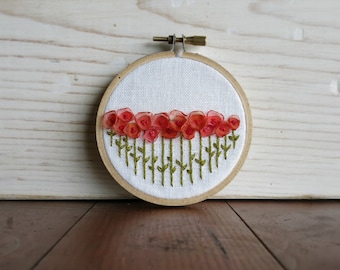 Pink and Orange Ribbon Flower Embroidery Hoop - 3 Inch Embroidery Hoop - Fiber Art