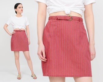 Vintage 60s 70s Mini Skirt - Red Cotton Striped Skirt - Belted High Waisted Retro Pencil Skirt - 60s Preppy Mini Skirt - Medium M 28