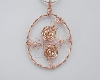 Rose Gold roses necklace, rose gold pendant MADE TO ORDER wire rose pendant, wire rose necklace, rose gold rose, copper anniversary, roses