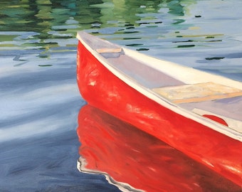 Northern Bliss. Original oil painting on stretched canvas by Yvonne Wagner. Red Canoe. Boat. Lake. Summer. 20” x 20” (50 x 50 cm)
