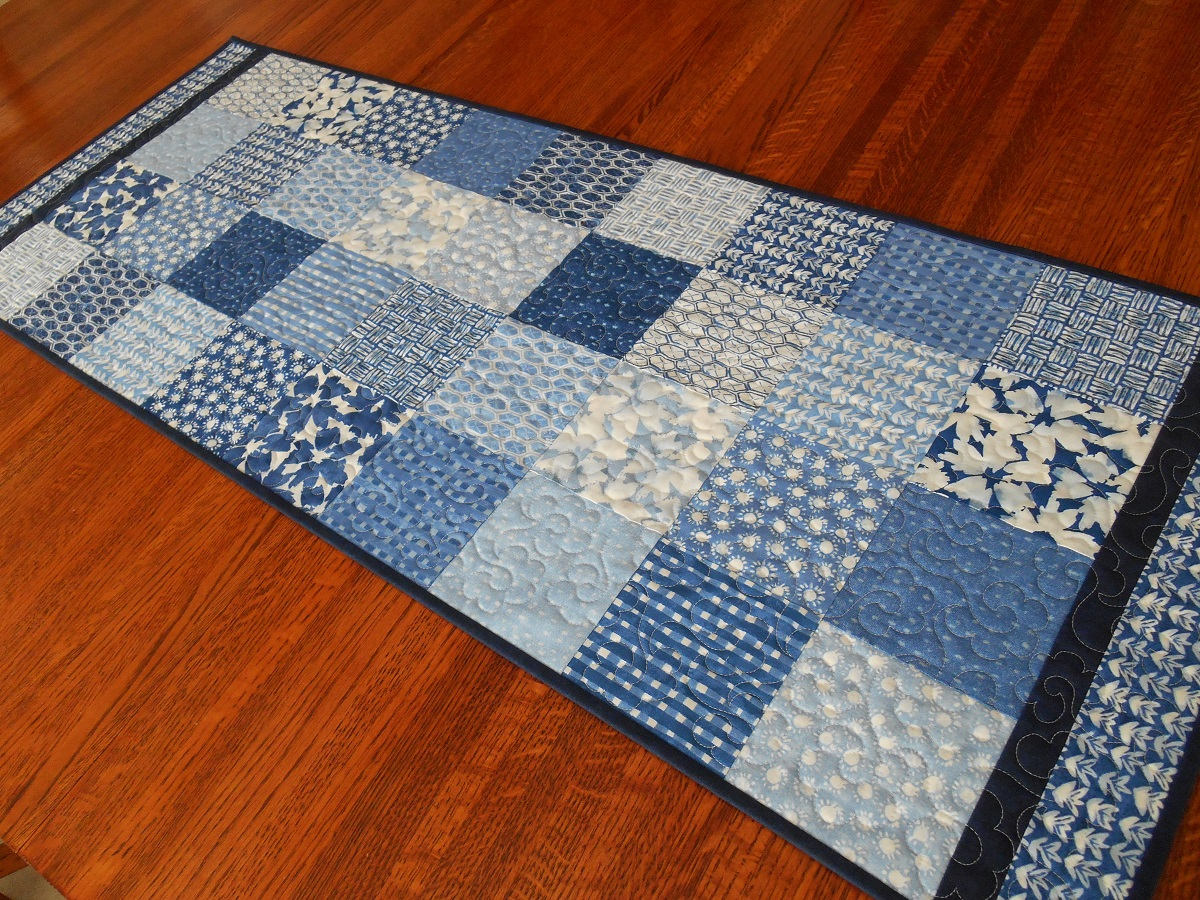 Blue and White Quilted Table Runner Modern Table Runner