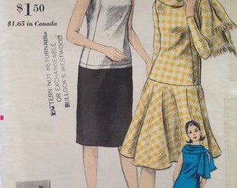 Vintage 60s Drop Waist Dress Pattern w/ Scarf 34 bust Vogue 6073