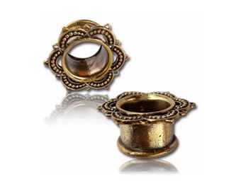 Brass Flesh Tunnel, Mandala Brass Ear Tunnel, Tribal Lotus Flesh Tunnels, Brass Jewelry, Ear Gauges, Gauge Jewelry, Gauge earring, Ear plug
