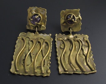 Amethyst Brutalist Earrings, Ernandes Earrings, Brass Earrings, Amethyst Earrings, Abstract Earrings, Unique Earrings, Avant Garde Earrings