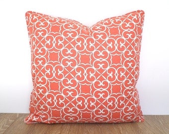 Coral throw pillow cover 20x20 bedroom decor, trellis pillow case, coral cushion for couch and sofa, geometric pillow with piping