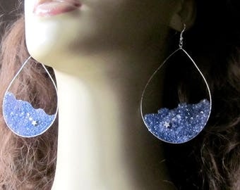 Large Star Hoop Earrings, Shooting Star Constellation Earrings, Silver Teardrop Hoops, Sky Blue Purple, Galaxy Earrings,