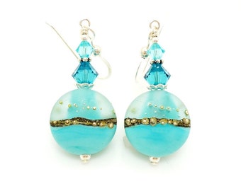 Turquoise Blue Earrings, Lampwork Earrings, Glass Bead Earrings, Beadwork Earrings, Etched Earrings, Dangle Earrings, Glass Earrings