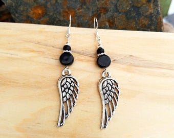 Black Angel Wing Earrings, Black Angel Wings Sterling Silver Earrings, Black Wings Earrings, Wings Sterling Silver Earrings