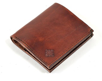 Vegetable Mahogany Brown Leather Bi Fold Card Bill Wallet Handmade