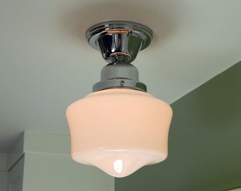 Schoolhouse Ceiling Light. Vintage Opal Glass Shade. New Chrome Fixture