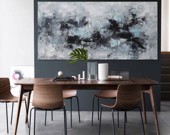 Extra large abstract painting horizontal minimalist wall art modern seascape painting black white 'midnight and blue'