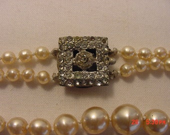 Vintage Faux Pearl With Rhinestone Accent Clasp 2 Strand Necklace 17 - 404