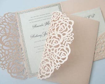 Wedding Invitation, Laser Cut Pocketfold Wedding Invitation, Pocketfold Invite, Lace Wedding Invite, LASER POCKETFOLD 1 GLITTER Coral Blush
