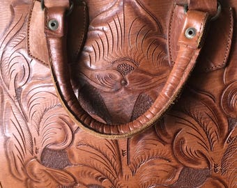 Vintage Bowling Bag Hand Tooled Rare Unique Flowers an Horse