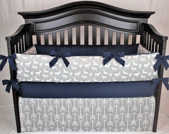 LOGAN 5 pc Baby Bedding Set | Gray and White Arrows, woodland deer nursery