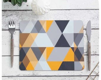 Scandi Geometric Placemat Set - Scandi triangle Print - Grey and Mustard Placemats - Scandi Print Placemats - Scandinavian Modern Tableware