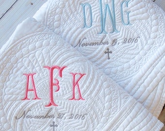 Baptism Gift - Monogram Quilt - New Baby Gift - Personalized Baby Quilt - Three Letter Monogram with Baptism Date - Christening Gift