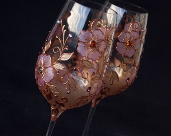Wine Glasses, Hand Painted Wine Glasses, Rose and Copper Glasses, Wedding Glasses, Set of 2