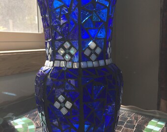 Cobalt Blue and White Stained Glass Mosaic Vase