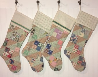 Large Country Christmas Stocking Family Set of 5 Vintage Patchwork Quilt with Linen Turn Down Cuff Farmhouse Cabin Can Face Either Direction