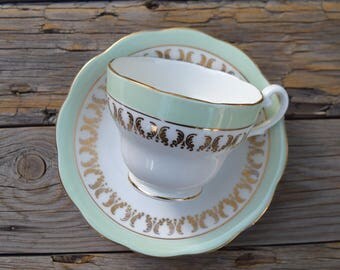 Royal Standard tea cup and saucer vintage English bone china white mint gold drinkware Mothers Day Birthday housewarming party gift for her