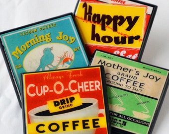 Coffee Lovers Coaster Set, Coffee Label Wood Coasters, Coffee Gift, Drink Coasters, Retro Kitchen, Kitchen Decor, Coffee Decor, Hostess Gift