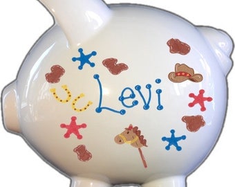 Personalized Piggy Bank with Cowboy Design | White | Brown | Boy Gift | Baby Gift | Large | Free Shipping