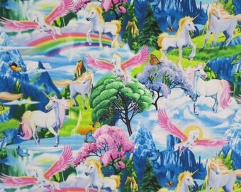 Colorful Unicorn Scenic with Rainbows Print Pure Cotton Fabric --By the Yard