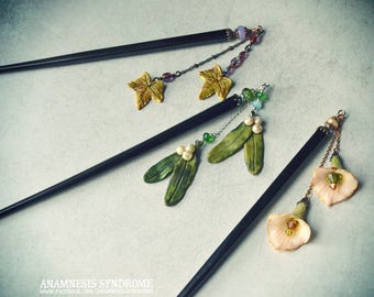 Witchy gothic Hair sticks, black wood, cold porcelain flowers or leaves, Czech beads