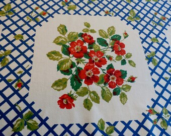 Pretty 1950s Vintage Cotton Tablecloth Red Roses, Blue Trellis Floral Design 47" x 50 3/4"