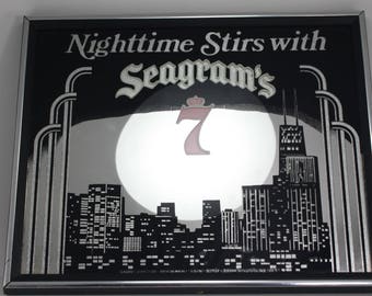 Vintage Seagram's 7 Whiskey Mirror Wall Hanging Advertising Liquor Bar Man Cave Home Lounge Sign Art Deco Cityscape Nighttime Stirs