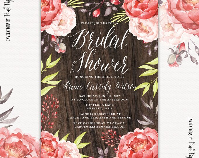 Floral Bridal Shower Invitation, Rustic Bridal Shower Invitation, Pink Floral, Wood, Printable Invitation