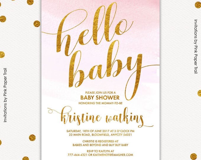 Blush Pink and Gold Baby Shower Invitation, Blush Pink Invitation, Hello Baby Invitation, Modern Baby Shower, Printable Invitation
